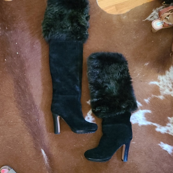 Ugg Shoes | Ugg Collection Thigh High Suede and Faux Fur Boots | Color: Black/Green | Size: 6 | Kimmisz's Closet